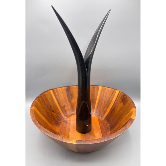 Vintage Mid Century Modern Acacia Wood Fruit & Nut Bowl Banana Tree